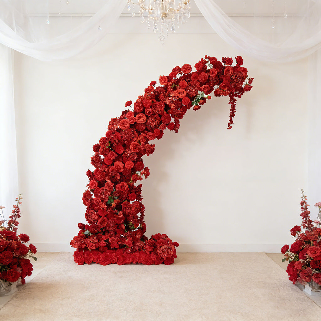 Silk Floral Backdrop for 6.5ft Half Crescent Wedding Arch – Foam-Backed Artificial Flower Arch in Red with Roses. Hydrangeas & Chrysanthemums