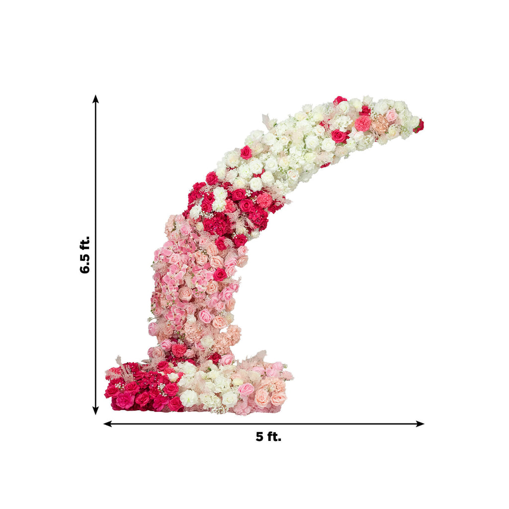 Silk Floral Backdrop for 6.5ft Half Crescent Wedding Arch – Foam-Backed Artificial Flower Arch in White & Pink Mix with Roses. Hydrangeas & Chrysanthemums