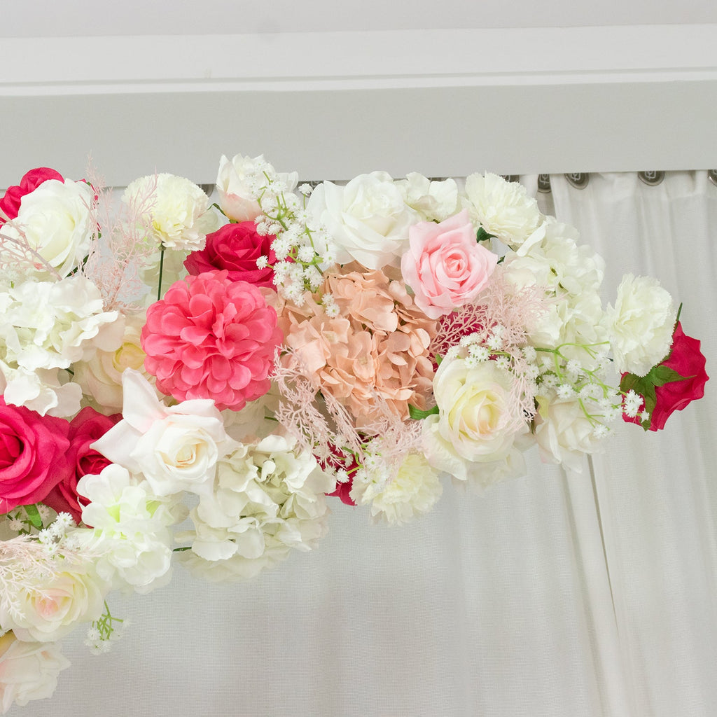 Silk Floral Backdrop for 6.5ft Half Crescent Wedding Arch – Foam-Backed Artificial Flower Arch in White & Pink Mix with Roses. Hydrangeas & Chrysanthemums