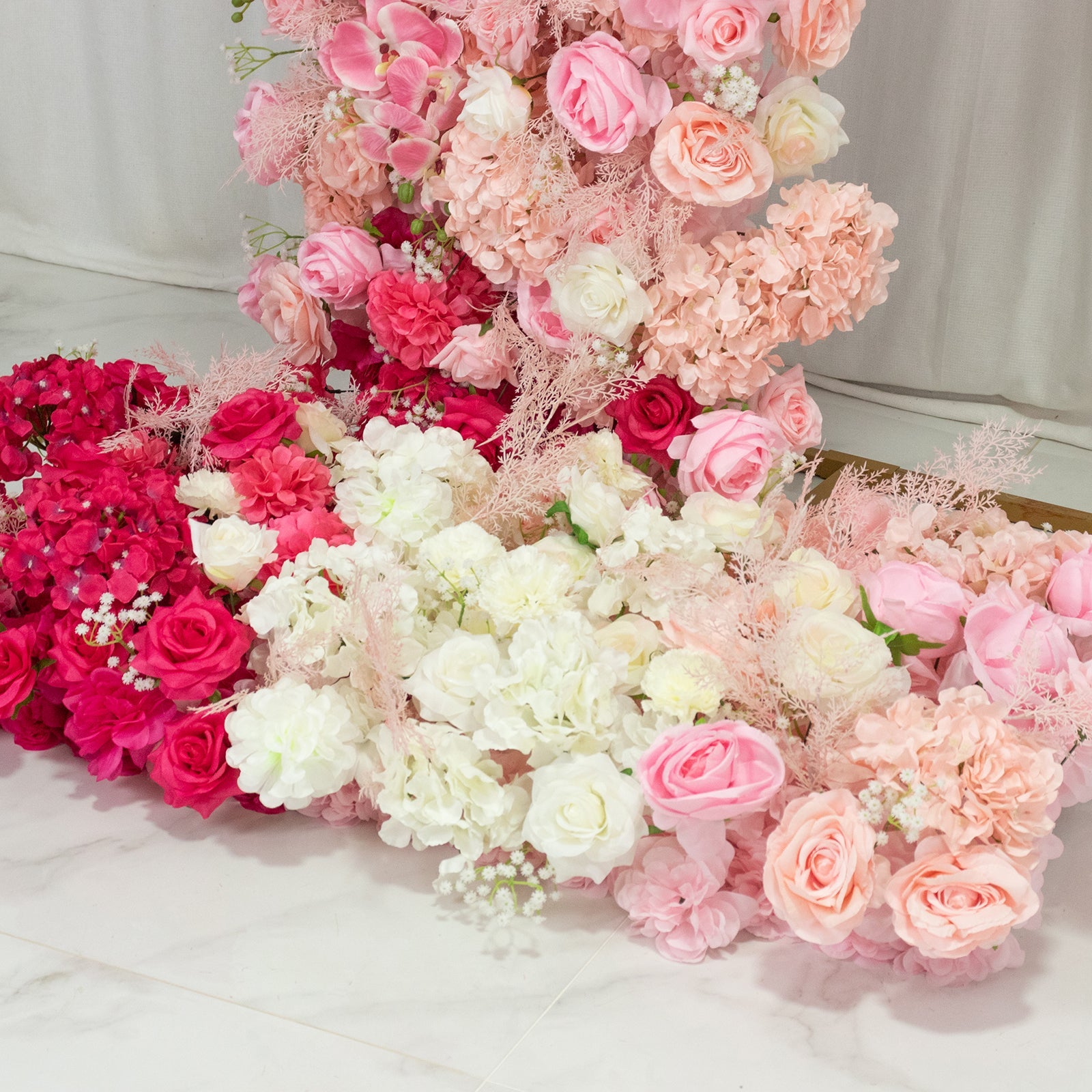 Silk Floral Backdrop for 6.5ft Half Crescent Wedding Arch – Foam-Backed Artificial Flower Arch in White & Pink Mix with Roses. Hydrangeas & Chrysanthemums