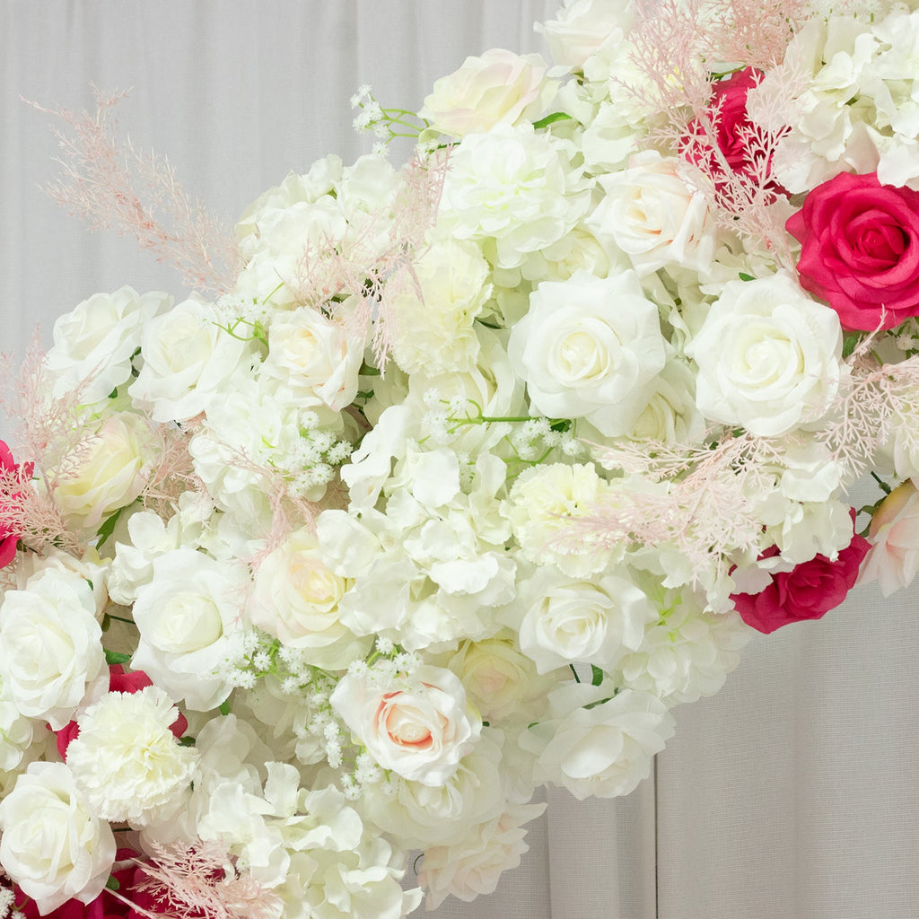 Silk Floral Backdrop for 6.5ft Half Crescent Wedding Arch – Foam-Backed Artificial Flower Arch in White & Pink Mix with Roses. Hydrangeas & Chrysanthemums