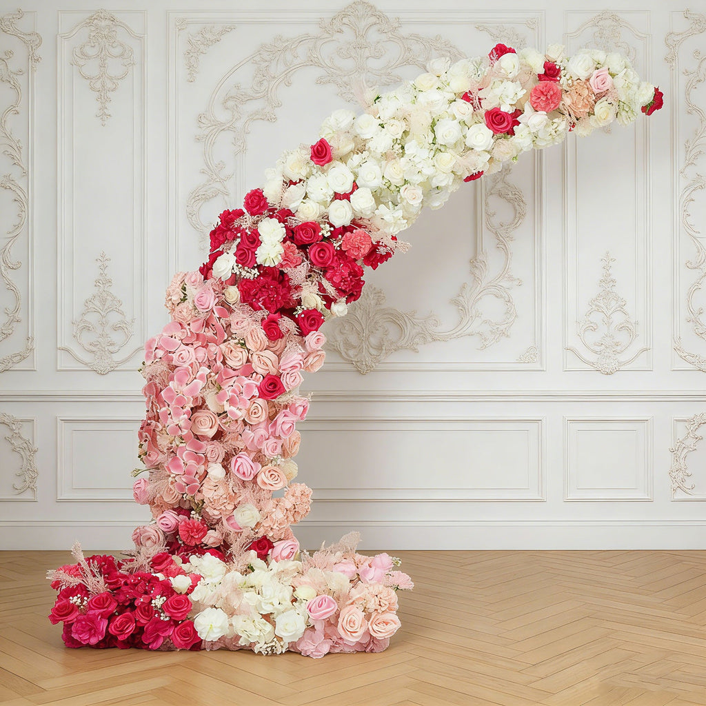 Silk Floral Backdrop for 6.5ft Half Crescent Wedding Arch – Foam-Backed Artificial Flower Arch in White & Pink Mix with Roses. Hydrangeas & Chrysanthemums