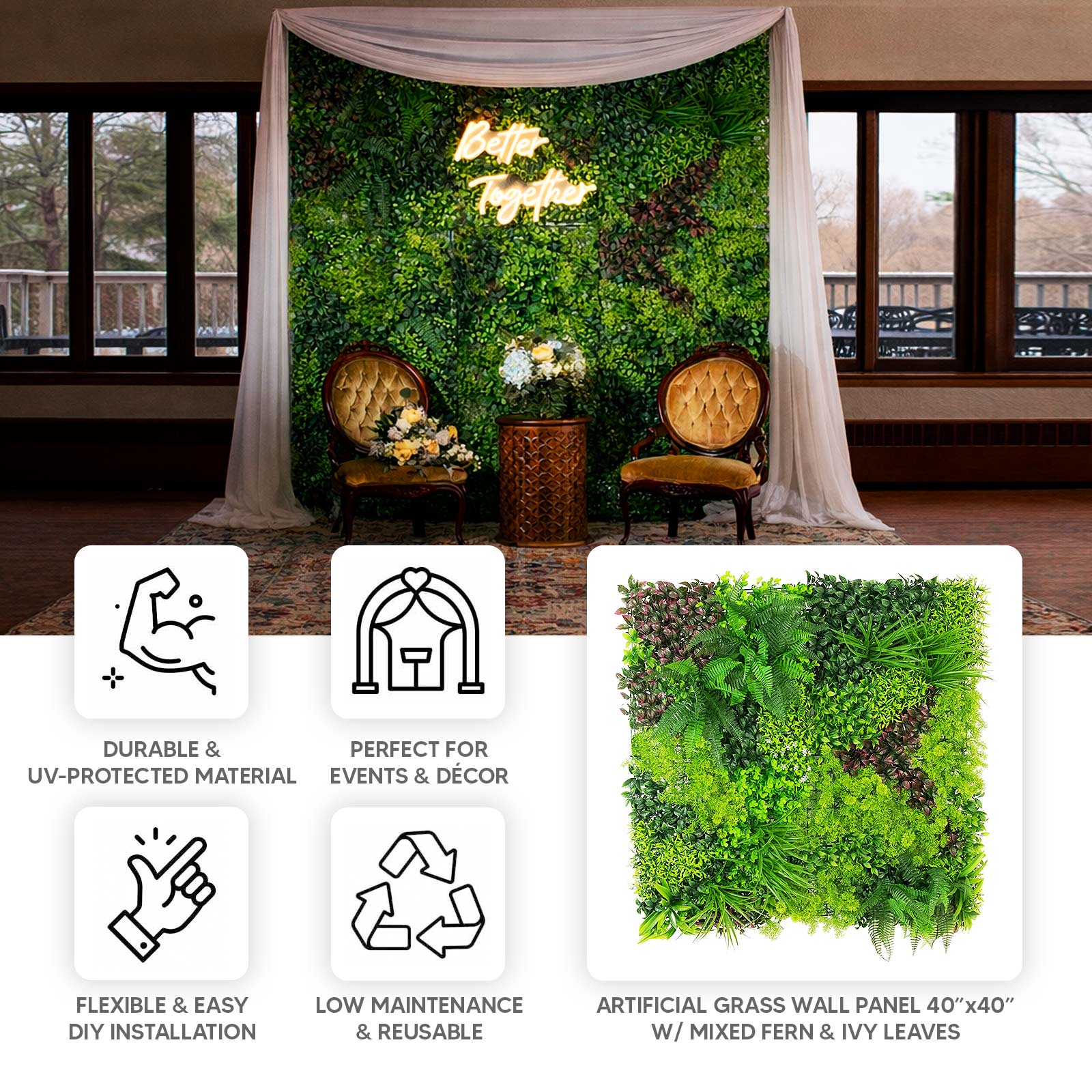 Artificial Grass Wall Panels. 40×40 Greenery Backdrop with Mixed Fern and Ivy Leaves. Outdoor UV-Protected Grass Wall Mat for Events – 2 Panels. Covers 22 Sq. Ft.