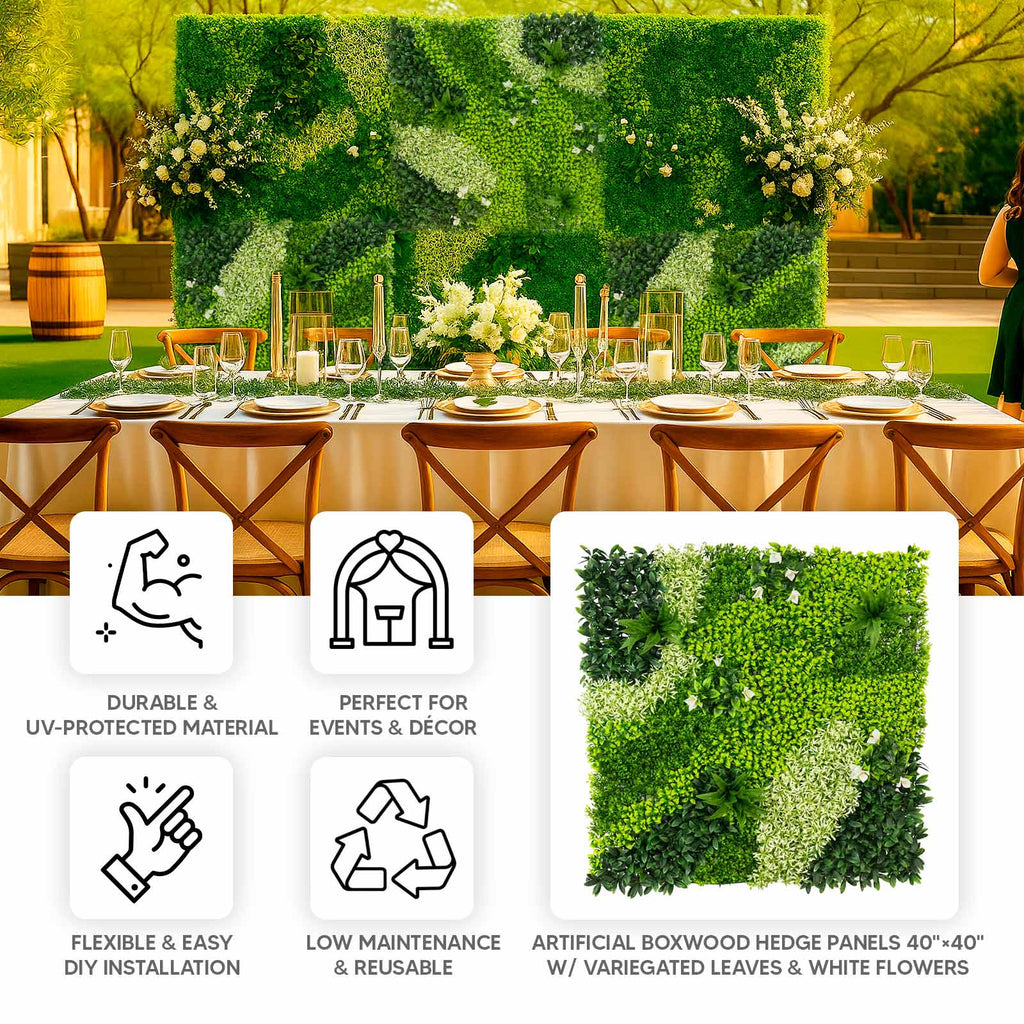 Artificial Boxwood Hedge Panels 40×40 – Greenery Wall Backdrop with Variegated Leaves and White Flowers. Outdoor UV-Protected Grass Wall Mat – 2 Panels. Covers 22 Sq. Ft.
