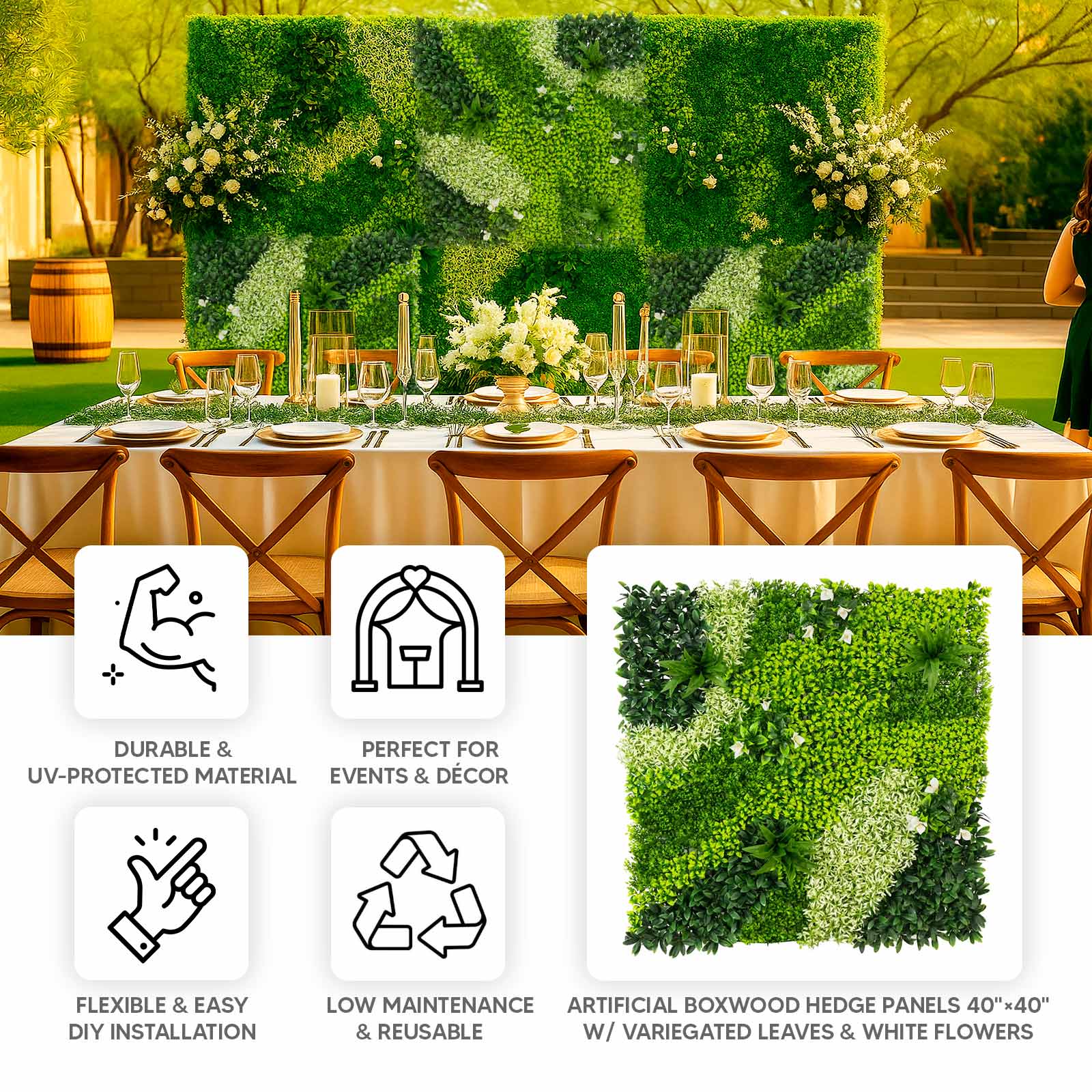 Artificial Boxwood Hedge Panels 40×40 – Greenery Wall Backdrop with Variegated Leaves and White Flowers. Outdoor UV-Protected Grass Wall Mat – 2 Panels. Covers 22 Sq. Ft.