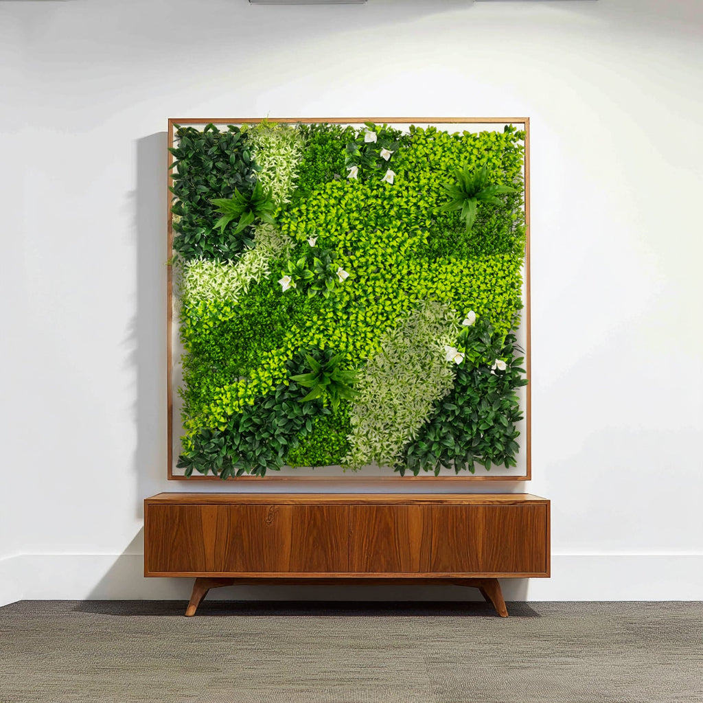 Artificial Boxwood Hedge Panels 40×40 – Greenery Wall Backdrop with Variegated Leaves and White Flowers. Outdoor UV-Protected Grass Wall Mat – 2 Panels. Covers 22 Sq. Ft.