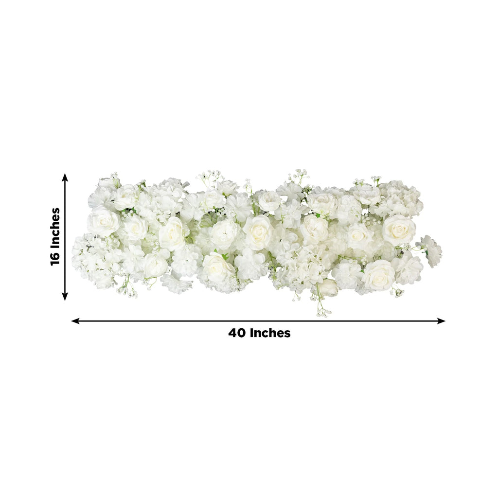 Pre-Arranged Silk Flower Runner 40x16 – White Roses. Hydrangeas & Baby's Breath for Wedding Table & Arch Decor