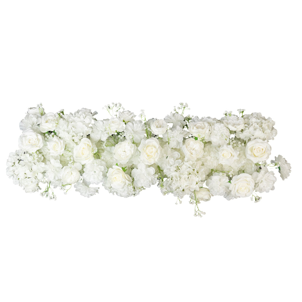 Pre-Arranged Silk Flower Runner 40x16 – White Roses. Hydrangeas & Baby's Breath for Wedding Table & Arch Decor