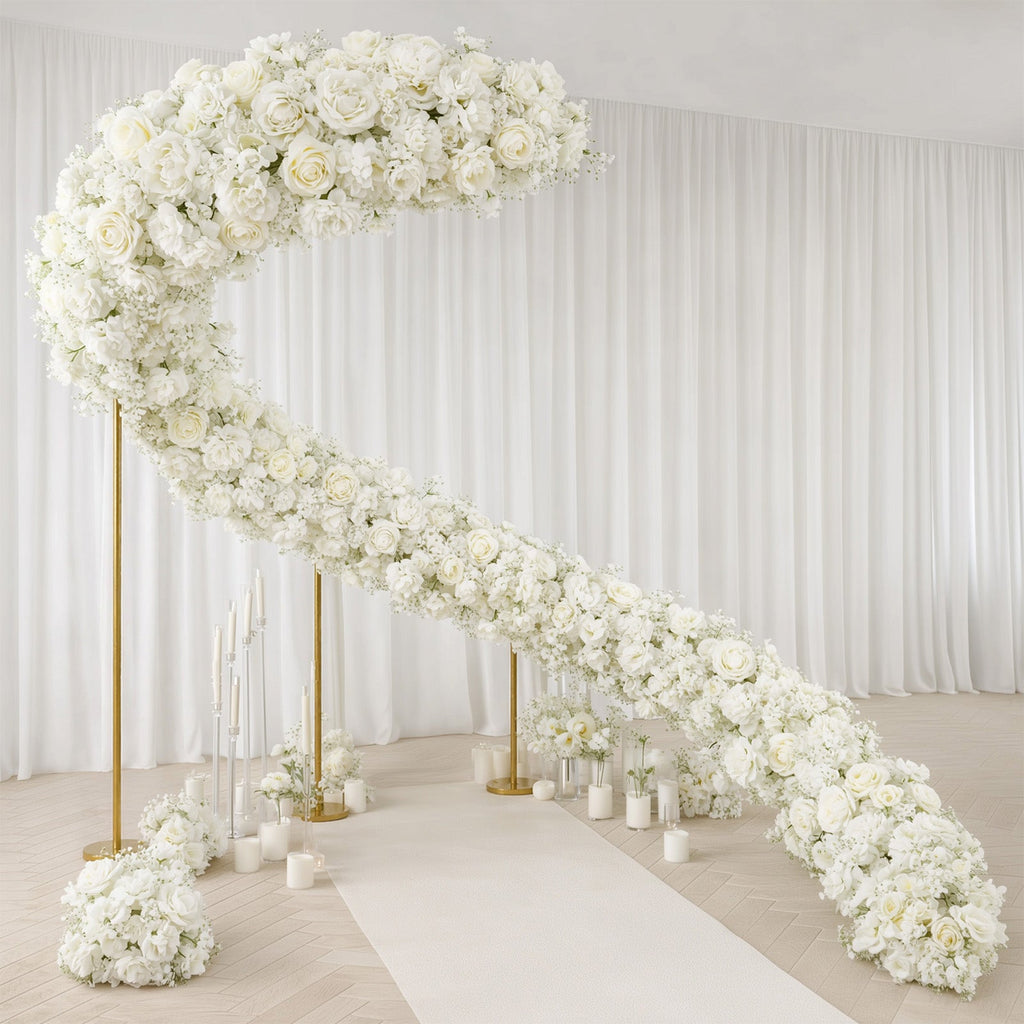 Pre-Arranged Silk Flower Runner 40x16 – White Roses. Hydrangeas & Baby's Breath for Wedding Table & Arch Decor