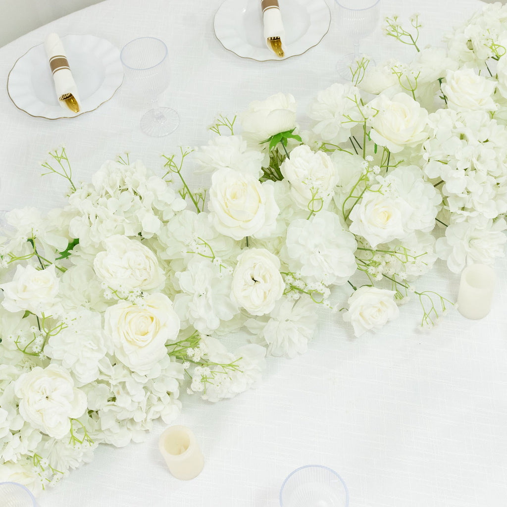 Pre-Arranged Silk Flower Runner 40x16 – White Roses. Hydrangeas & Baby's Breath for Wedding Table & Arch Decor
