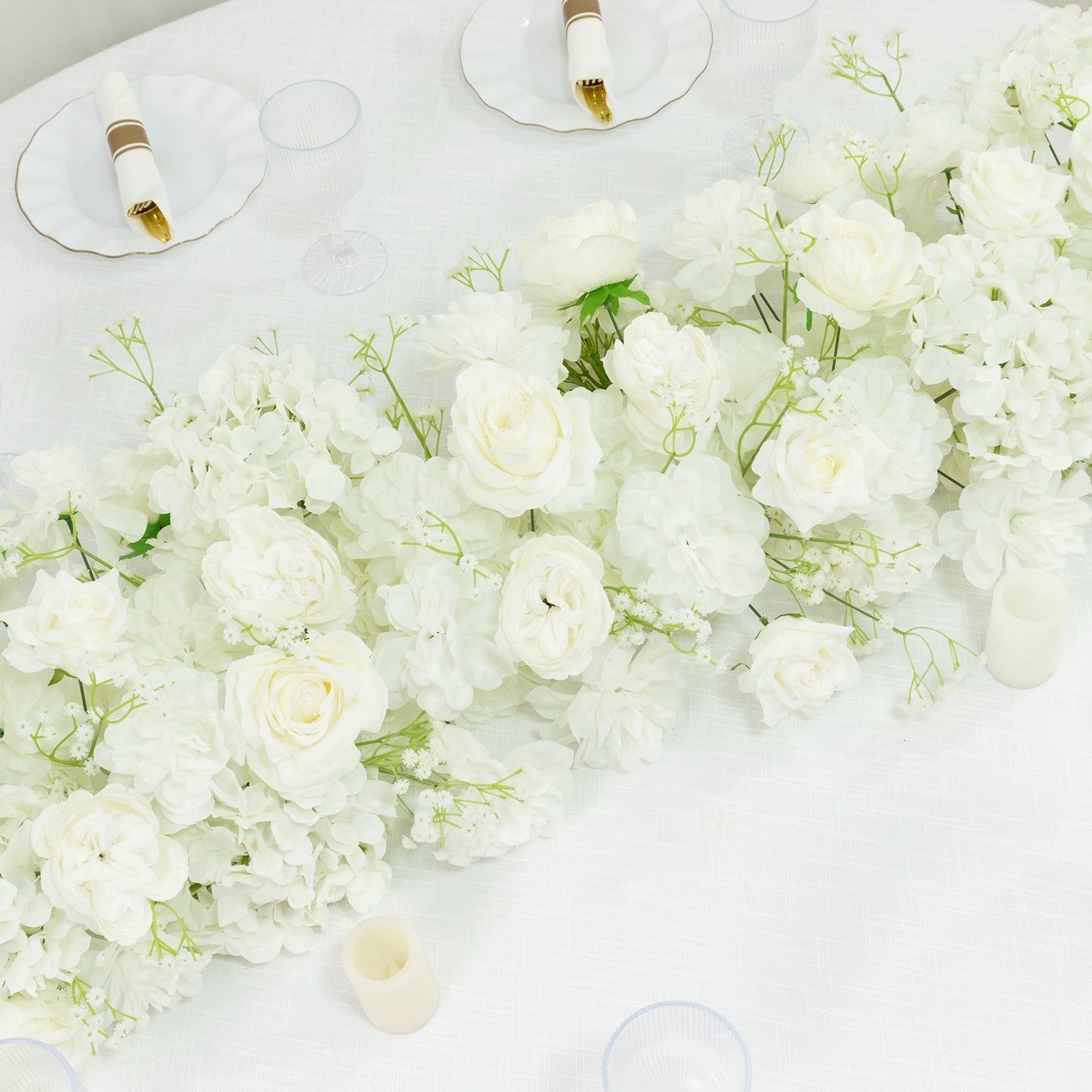 Pre-Arranged Silk Flower Runner 40x16 – White Roses. Hydrangeas & Baby's Breath for Wedding Table & Arch Decor