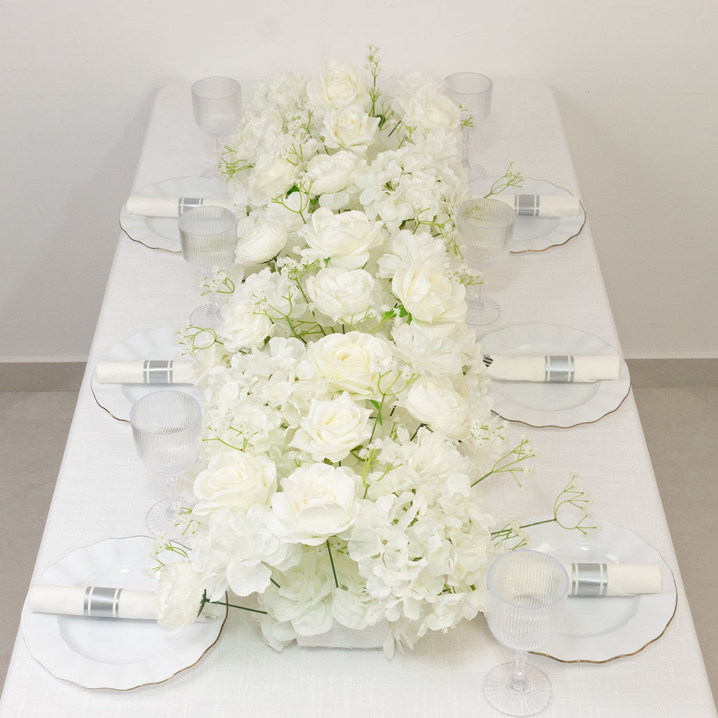 Pre-Arranged Silk Flower Runner 40x16 – White Roses. Hydrangeas & Baby's Breath for Wedding Table & Arch Decor