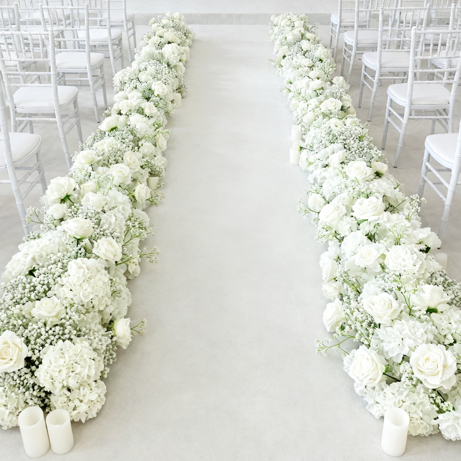 Pre-Arranged Silk Flower Runner 40x16 – White Roses. Hydrangeas & Baby's Breath for Wedding Table & Arch Decor