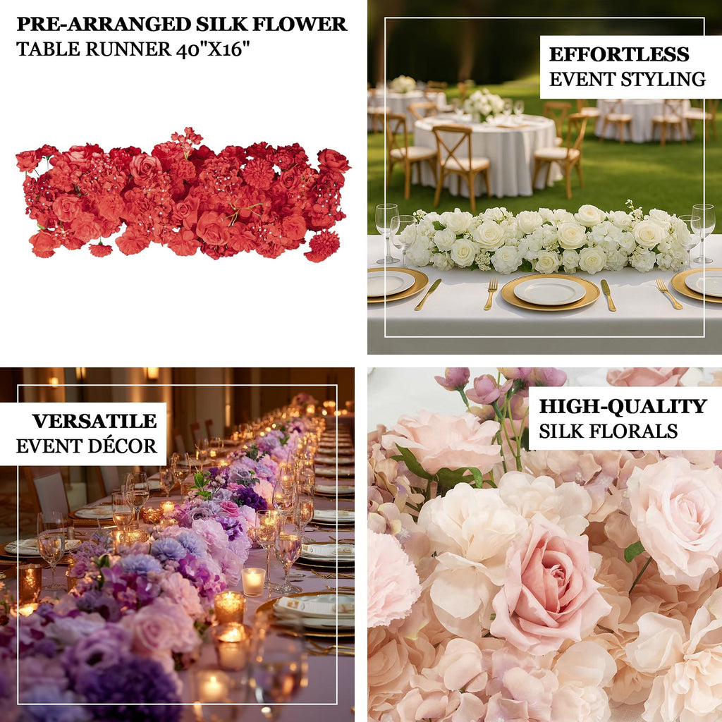 Pre-Arranged Silk Flower Runner 40x16 – White Roses. Hydrangeas & Baby's Breath for Wedding Table & Arch Decor