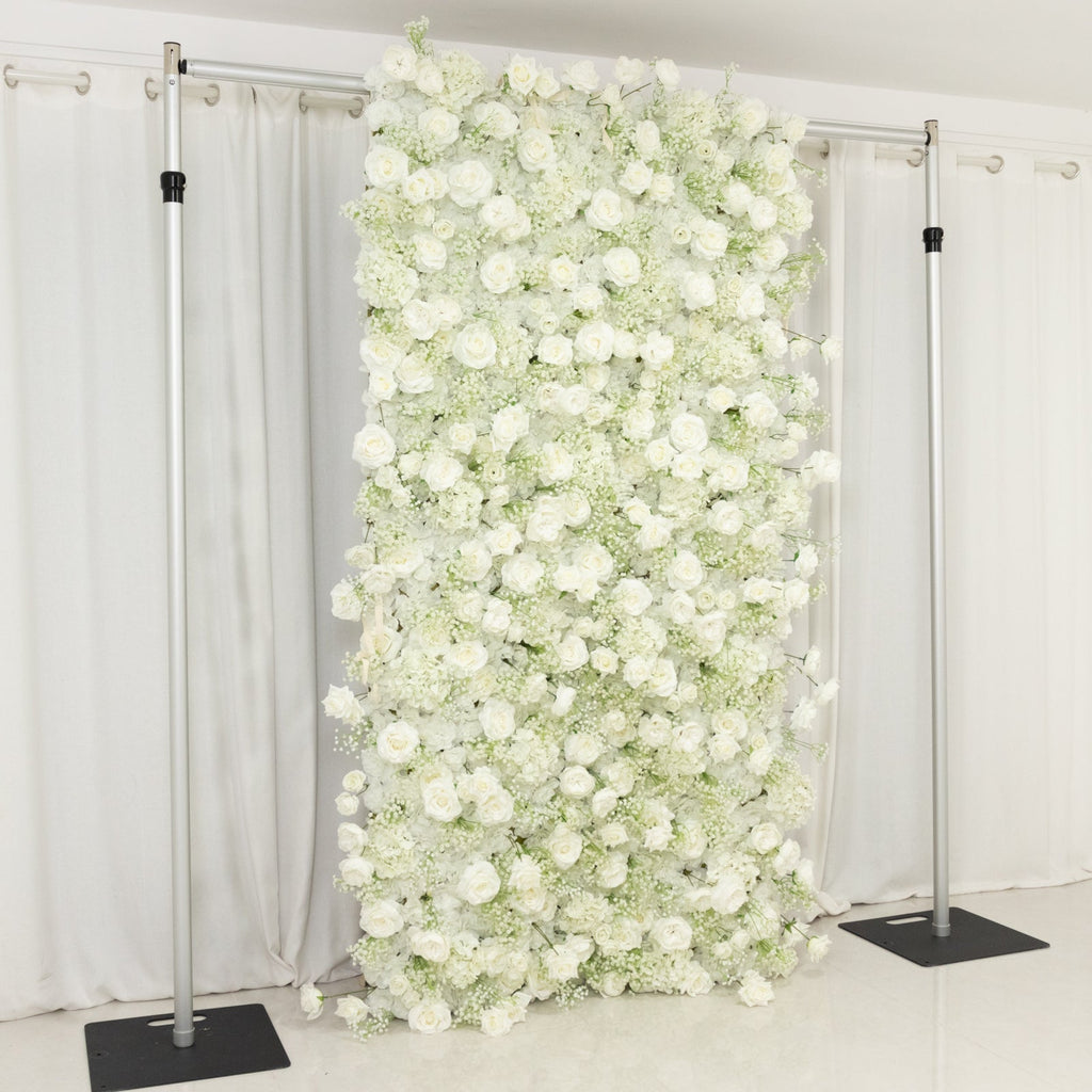 Roll Up Flower Wall Backdrop with Fabric Backing – 8ftx4ft White Artificial Silk Roses & Baby's Breath