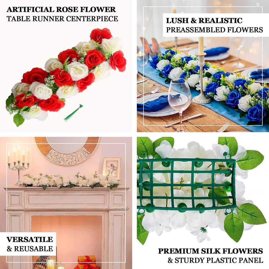 6 Pack Red Ivory Silk Rose Flower Panel Table Runner. Artificial Floral Arrangements Dining Table Decor - 20x8