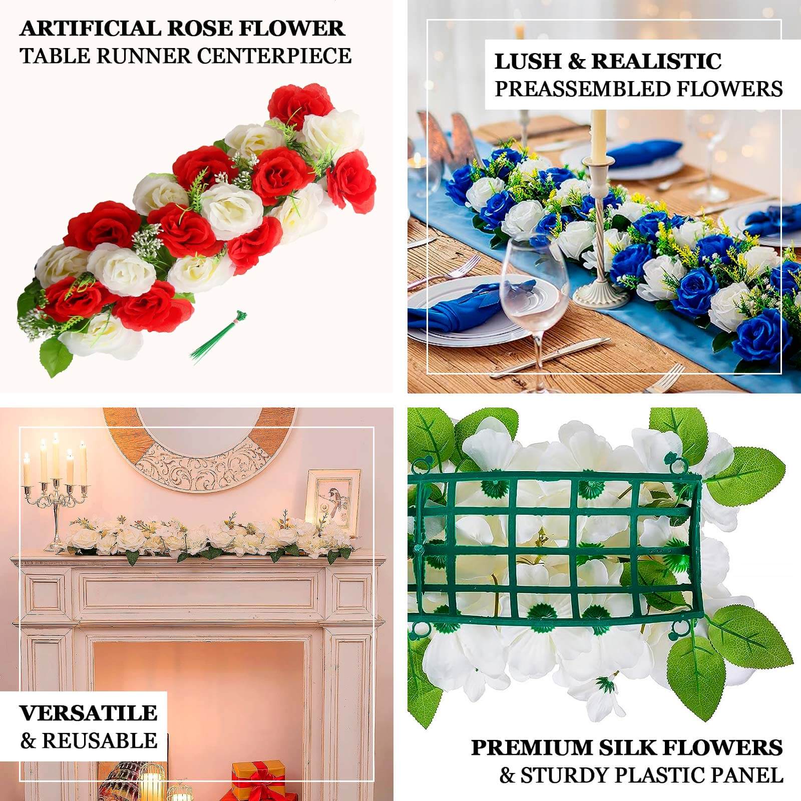 6 Pack Red Ivory Silk Rose Flower Panel Table Runner. Artificial Floral Arrangements Dining Table Decor - 20x8