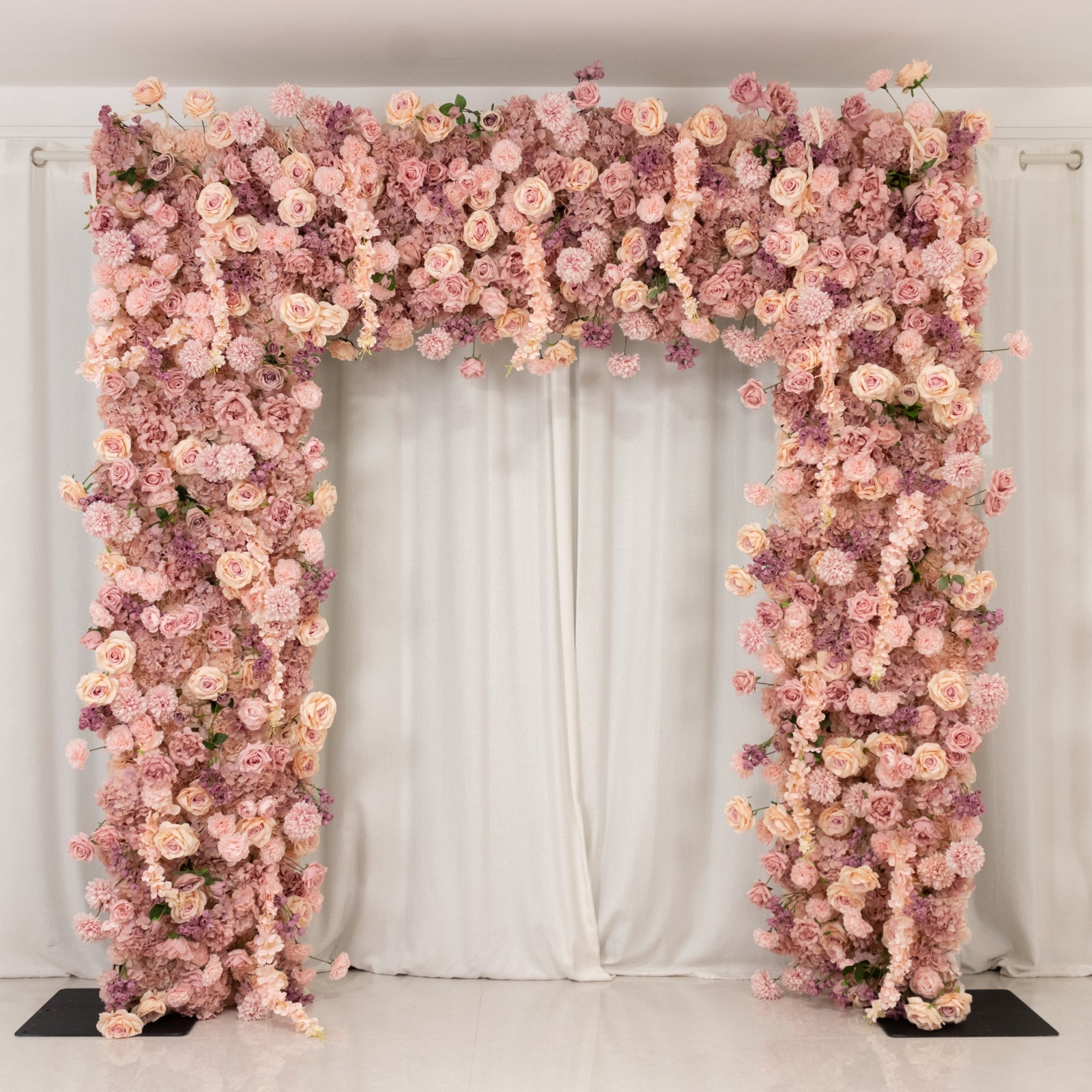 Roll Up Flower Backdrop for Arch Stand - Dusty Rose with Fabric Backing. 8ftx8ft - Artificial Silk Roses. Hydrangeas & Chrysanthemums for Wedding Backdrop