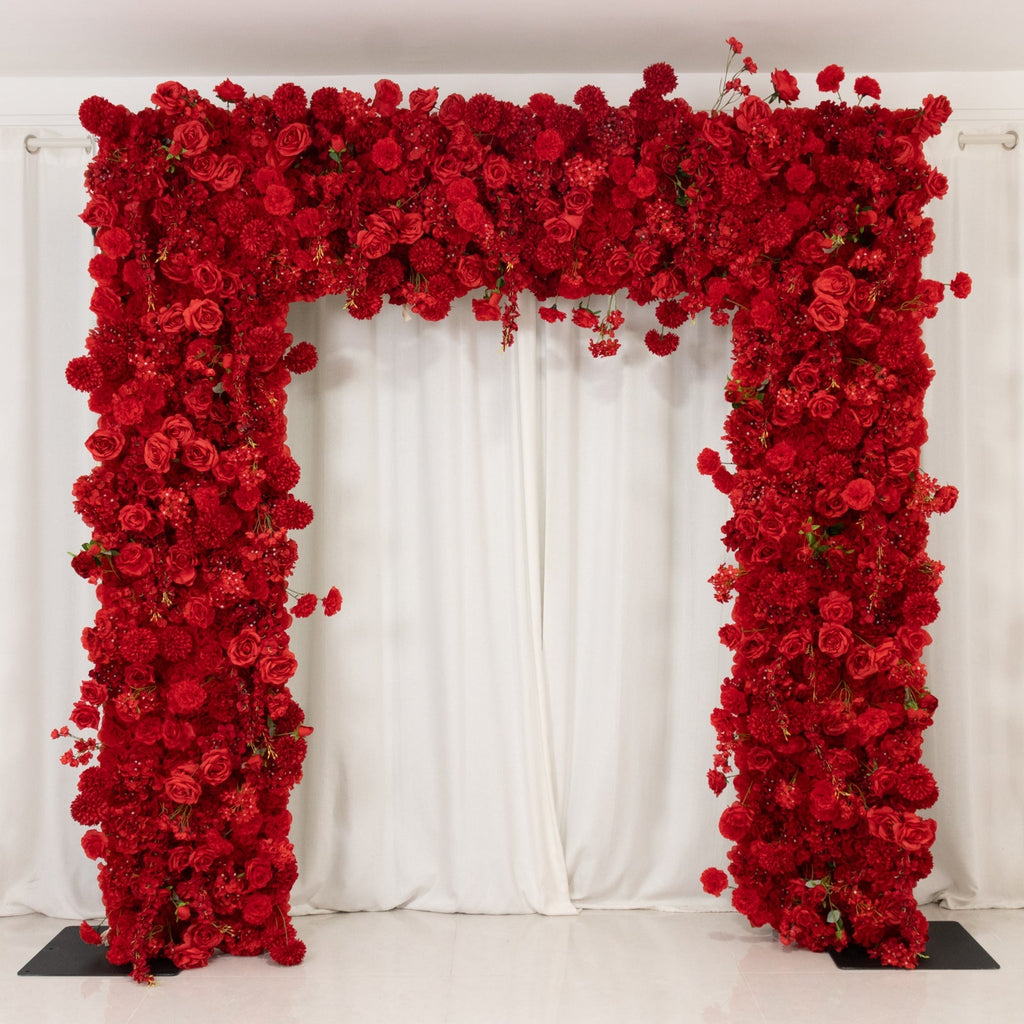 Roll Up Flower Backdrop for Arch Stand - Red with Fabric Backing. 8ftx8ft - Artificial Silk Roses. Hydrangeas & Chrysanthemums for Wedding Backdrop