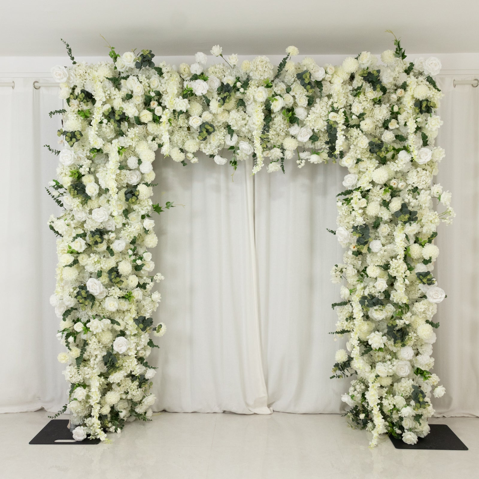 Roll Up Flower Backdrop for Arch Stand - White with Fabric Backing. 8ftx8ft - Artificial Silk Roses. Hydrangeas & Chrysanthemums for Wedding Backdrop