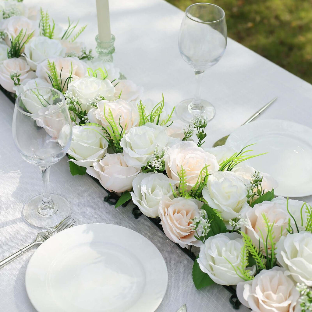 6 Pack Cream Ivory Silk Rose Flower Panel Table Runner. Artificial Floral Arrangements Dining Table Decor - 20x8