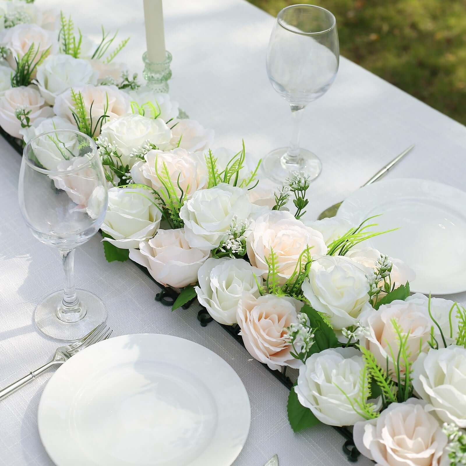 6 Pack Cream Ivory Silk Rose Flower Panel Table Runner. Artificial Floral Arrangements Dining Table Decor - 20x8