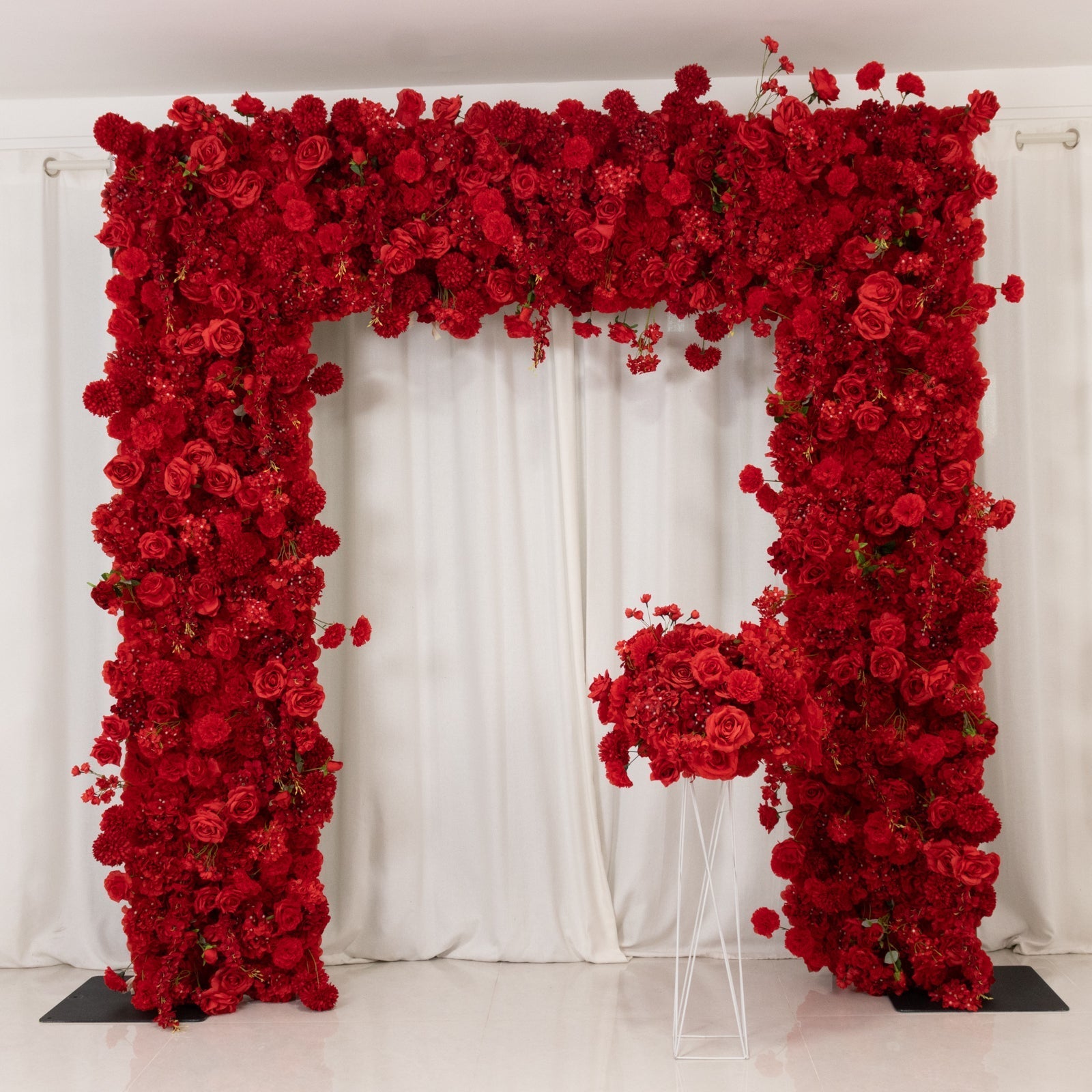 Roll Up Flower Backdrop for Arch Stand - Red with Fabric Backing. 8ftx8ft - Artificial Silk Roses. Hydrangeas & Chrysanthemums for Wedding Backdrop