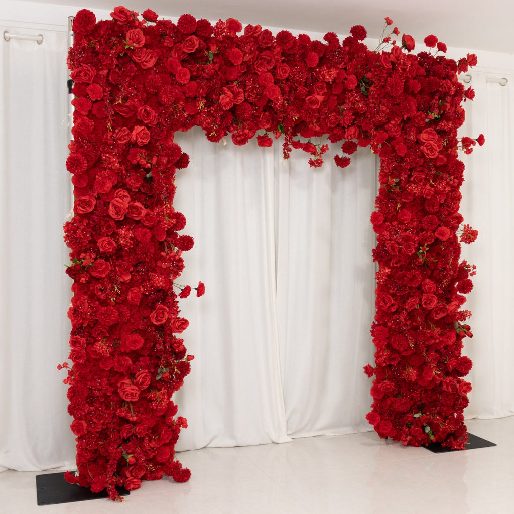 Roll Up Flower Backdrop for Arch Stand - Red with Fabric Backing. 8ftx8ft - Artificial Silk Roses. Hydrangeas & Chrysanthemums for Wedding Backdrop