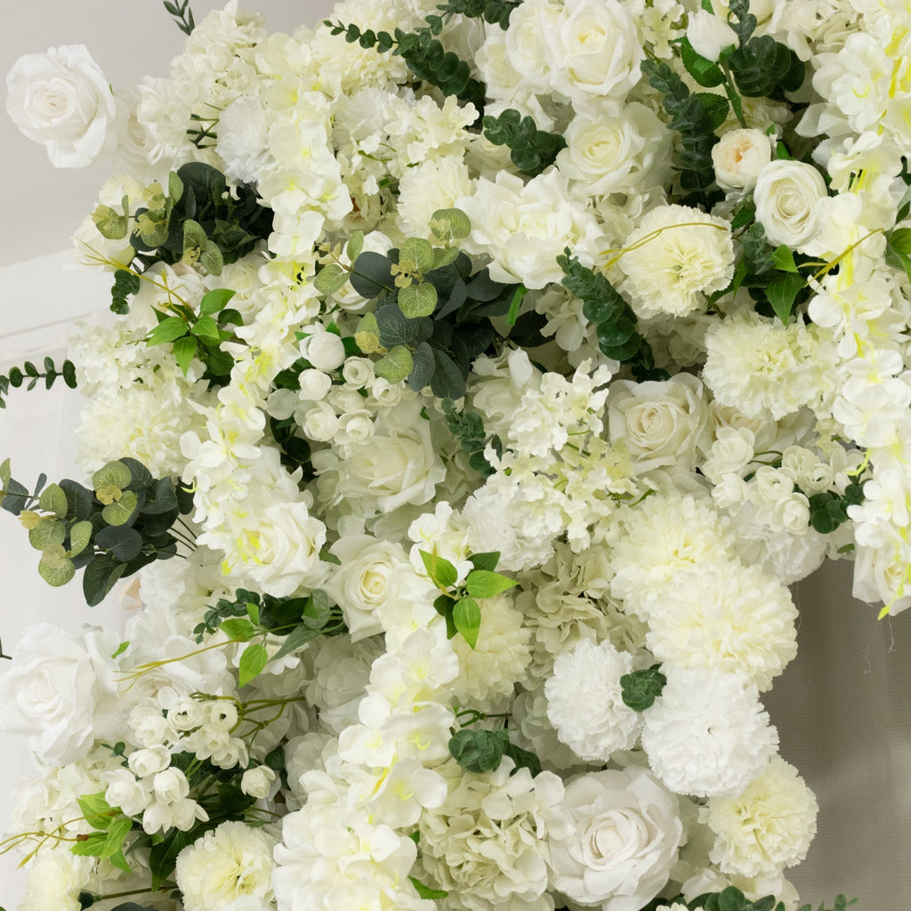 Roll Up Flower Backdrop for Arch Stand - White with Fabric Backing. 8ftx8ft - Artificial Silk Roses. Hydrangeas & Chrysanthemums for Wedding Backdrop