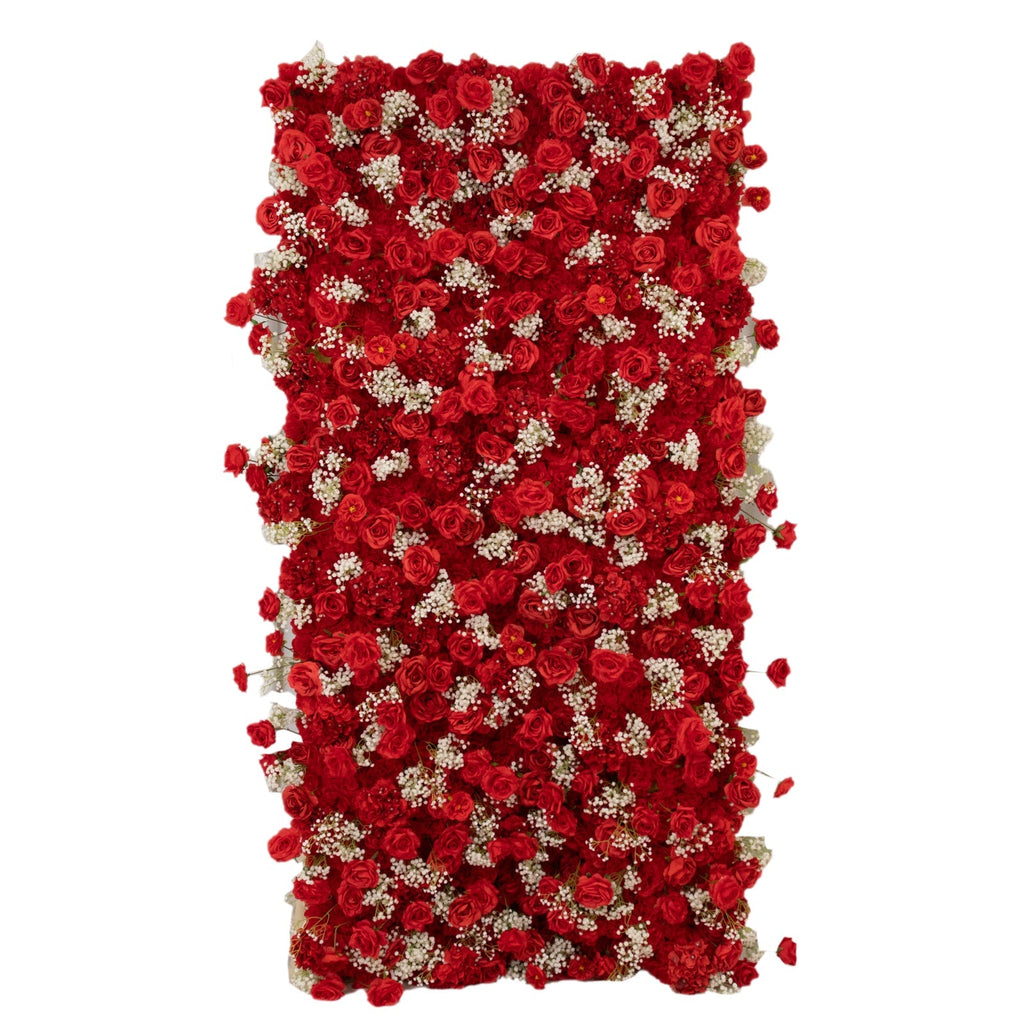 Roll Up Flower Wall Backdrop with Fabric Backing – 8ftx4ft Red Artificial Silk Roses & Baby's Breath
