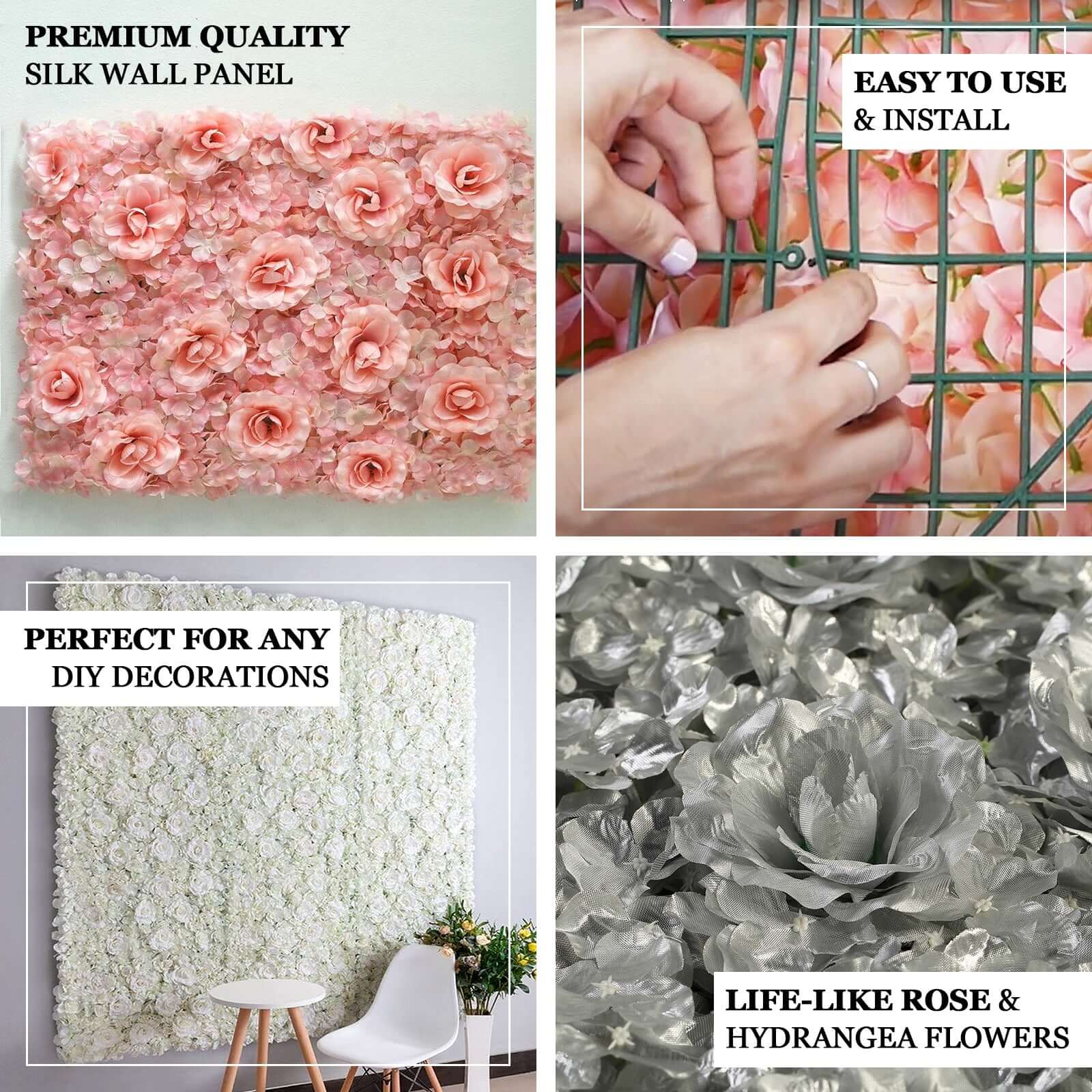 Blush and Cream 3D Silk Rose and Hydrangea Flower Wall Mat Backdrop 4 Artificial Panels 11 Sq ft.