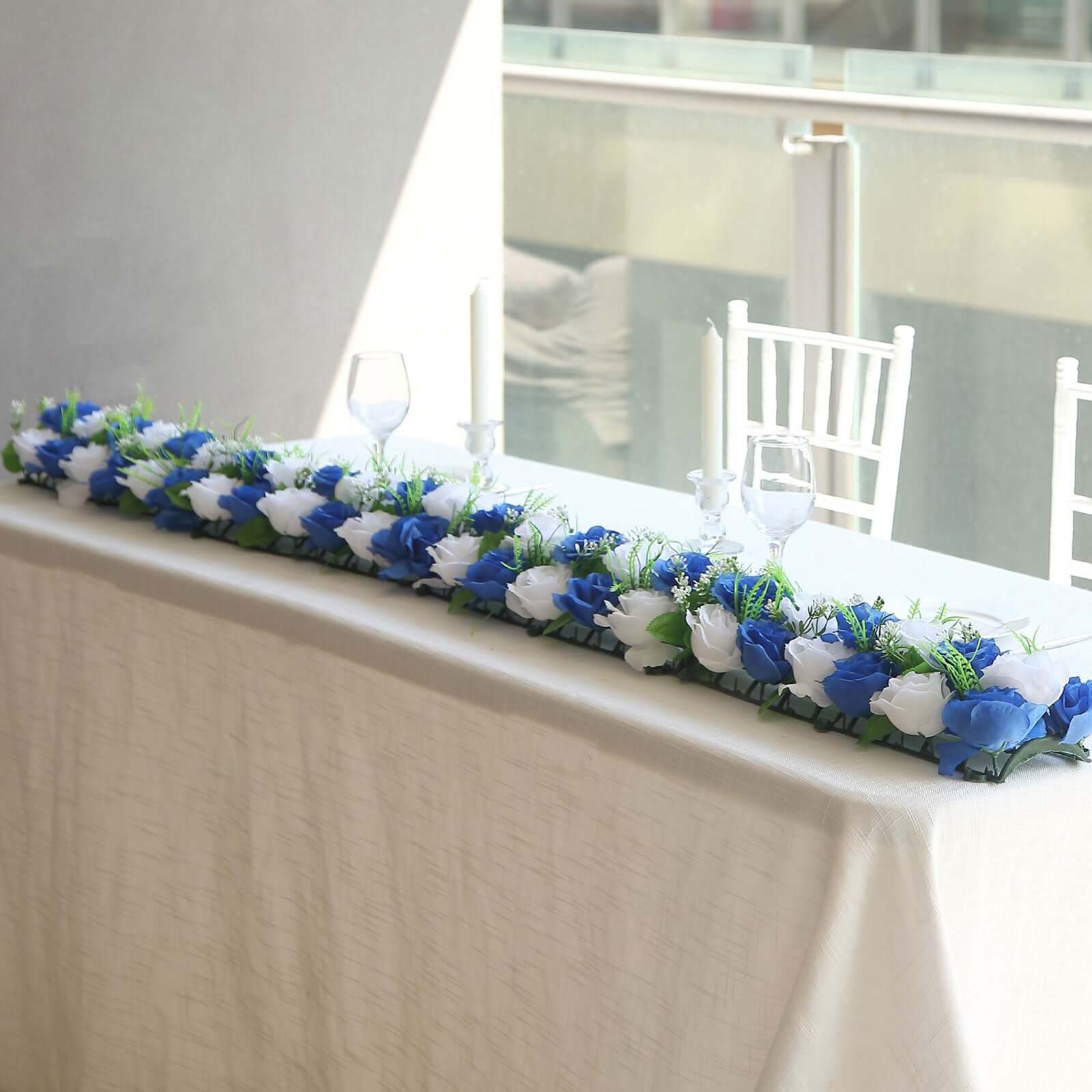 6 Pack White Royal Blue Silk Rose Flower Panel Table Runner. Artificial Floral Arrangements Dining Table Decor - 20x8