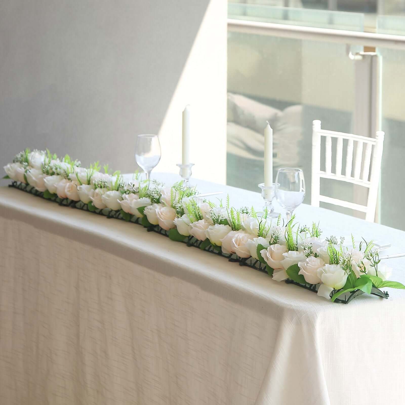 6 Pack Cream Ivory Silk Rose Flower Panel Table Runner. Artificial Floral Arrangements Dining Table Decor - 20x8