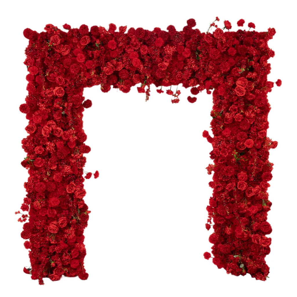 Roll Up Flower Backdrop for Arch Stand - Red with Fabric Backing. 8ftx8ft - Artificial Silk Roses. Hydrangeas & Chrysanthemums for Wedding Backdrop