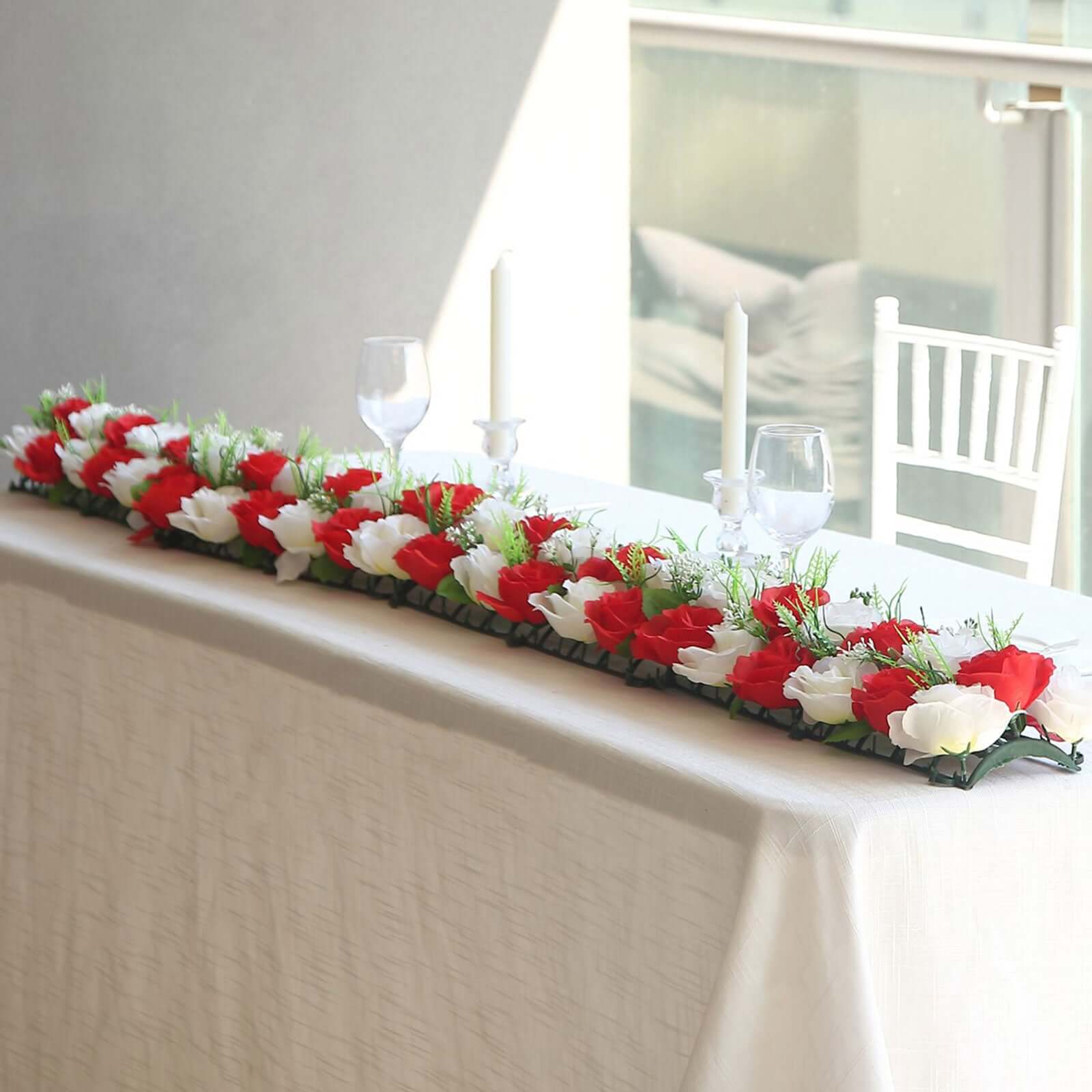 6 Pack Red Ivory Silk Rose Flower Panel Table Runner. Artificial Floral Arrangements Dining Table Decor - 20x8
