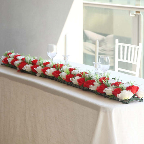 6 Pack Red Ivory Silk Rose Flower Panel Table Runner. Artificial Floral Arrangements Dining Table Decor - 20x8