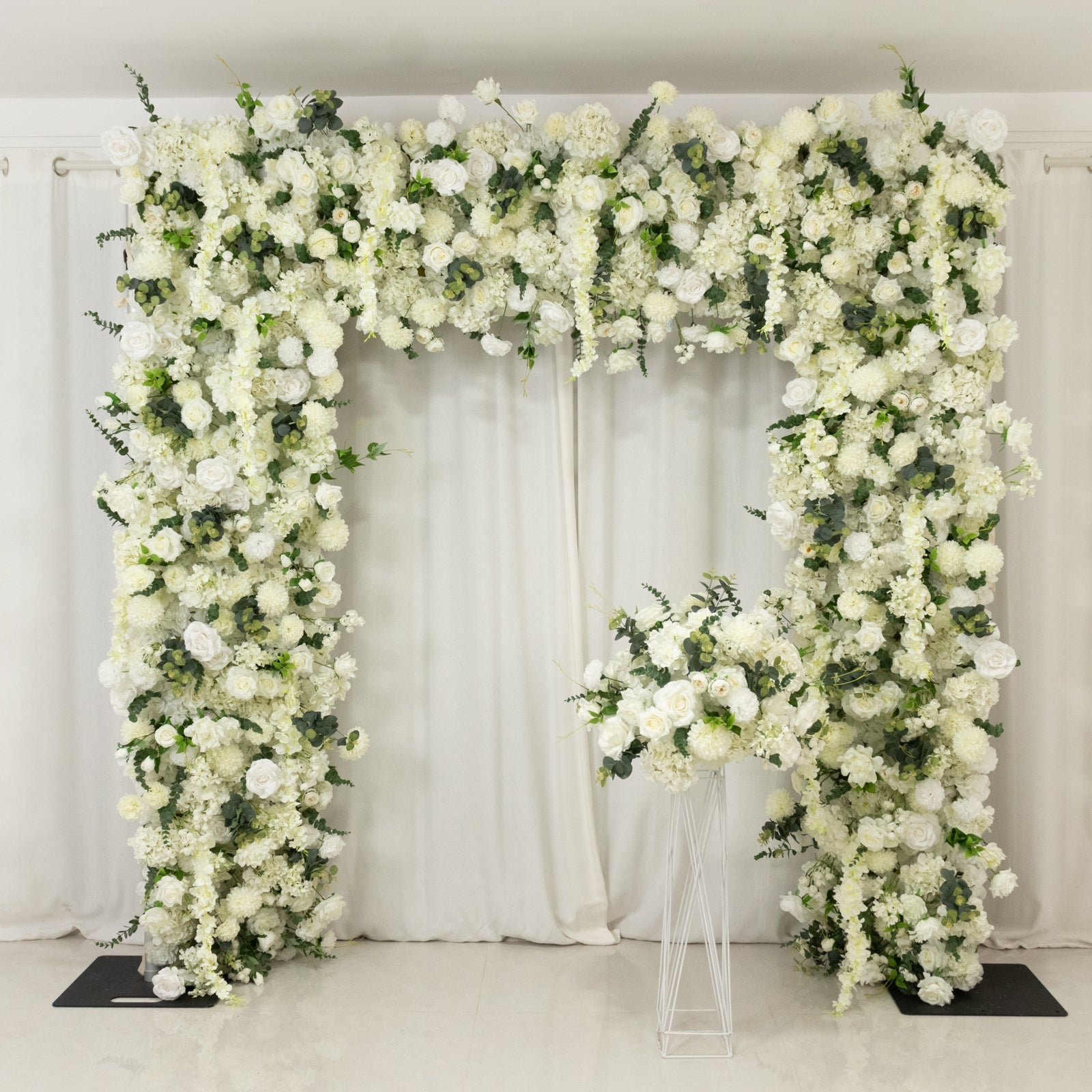 Roll Up Flower Backdrop for Arch Stand - White with Fabric Backing. 8ftx8ft - Artificial Silk Roses. Hydrangeas & Chrysanthemums for Wedding Backdrop