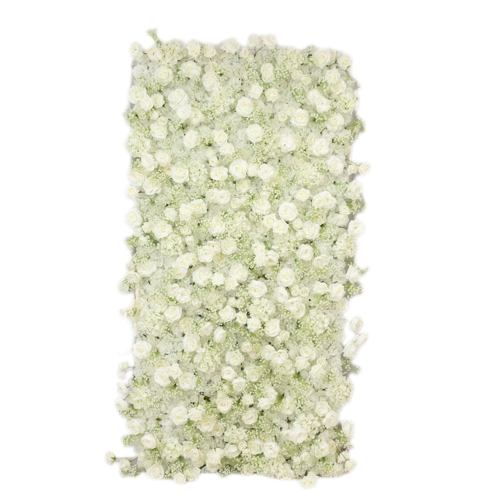 Roll Up Flower Wall Backdrop with Fabric Backing – 8ftx4ft White Artificial Silk Roses & Baby's Breath
