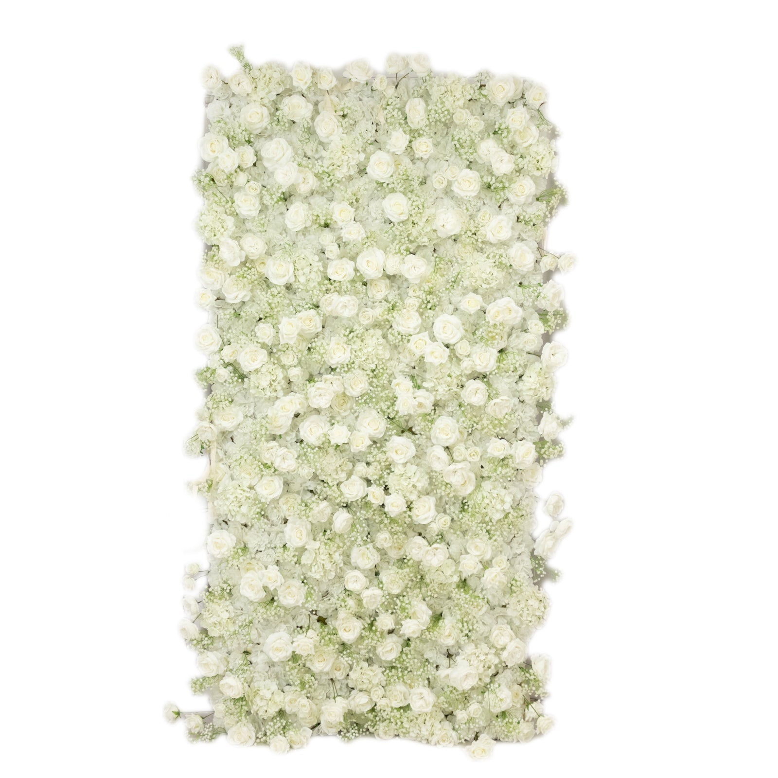 Roll Up Flower Wall Backdrop with Fabric Backing – 8ftx4ft White Artificial Silk Roses & Baby's Breath