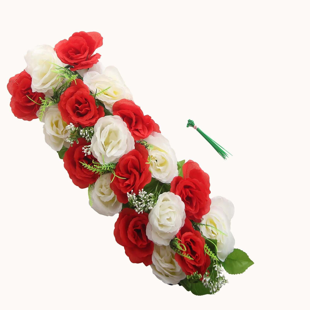 6 Pack Red Ivory Silk Rose Flower Panel Table Runner. Artificial Floral Arrangements Dining Table Decor - 20x8