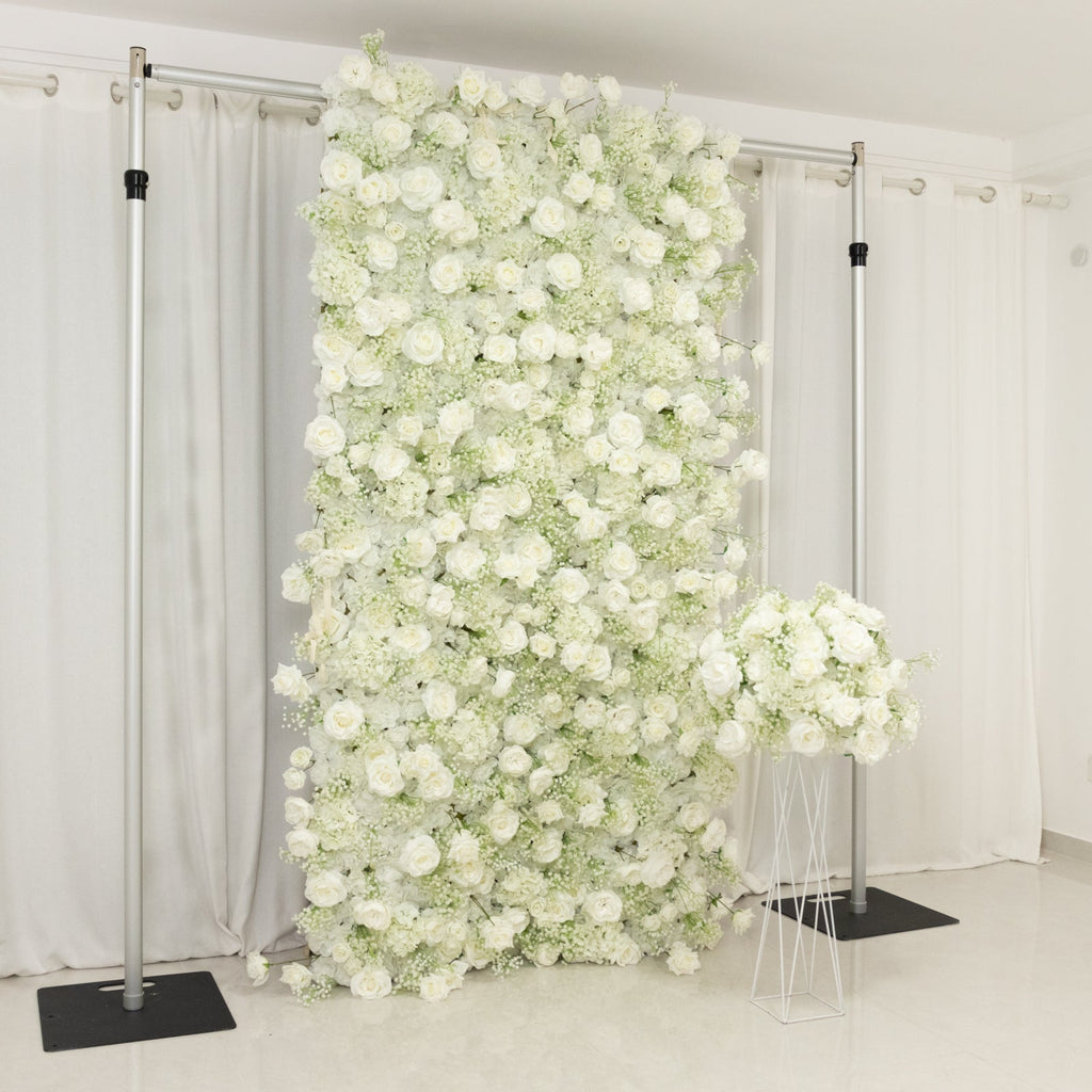 Roll Up Flower Wall Backdrop with Fabric Backing – 8ftx4ft White Artificial Silk Roses & Baby's Breath