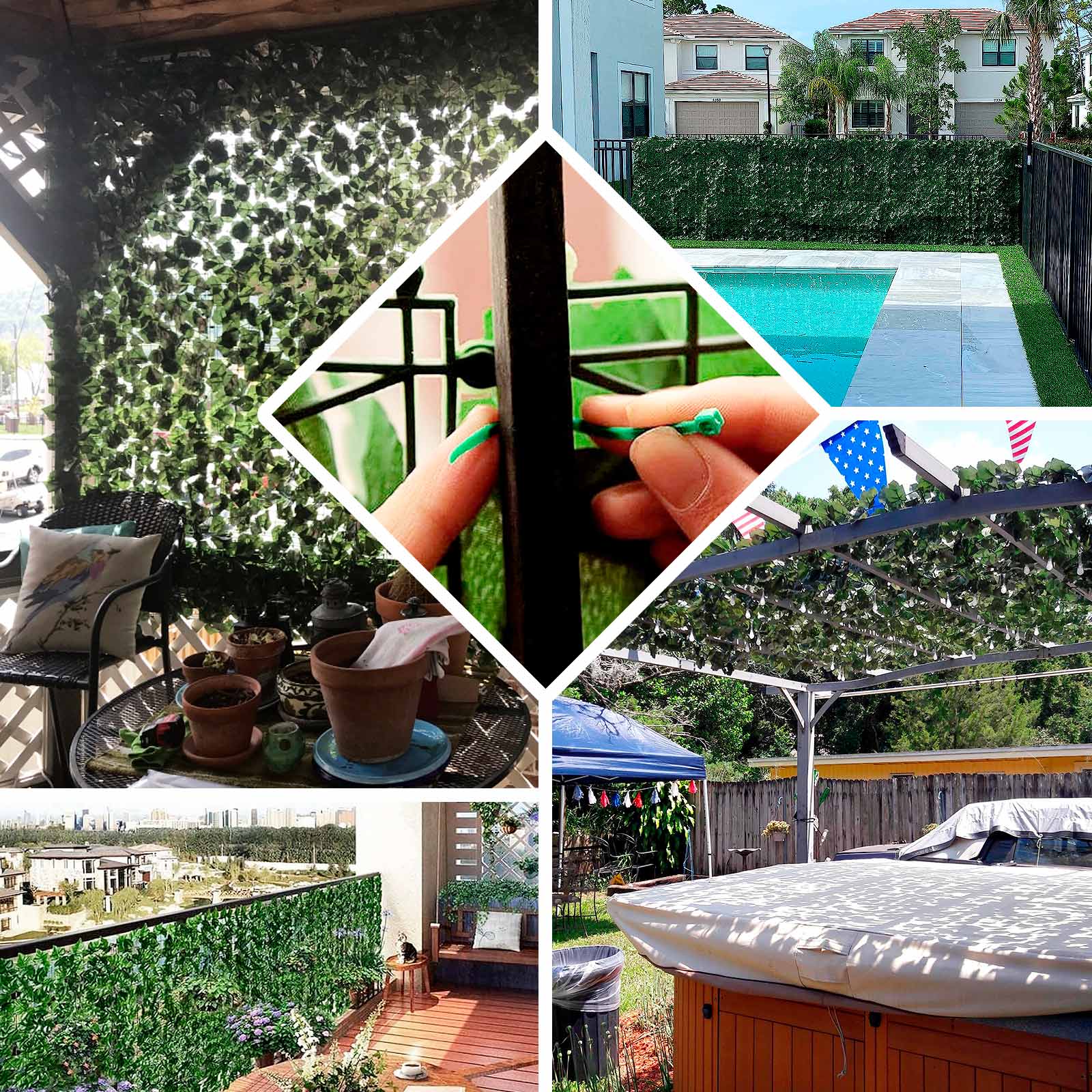 12 Pack Dark Green Artificial Ivy Privacy Screen Fence Wall Panel. Faux Leaf Hedge Greenery Garden Decor - 32 Sq. ft.