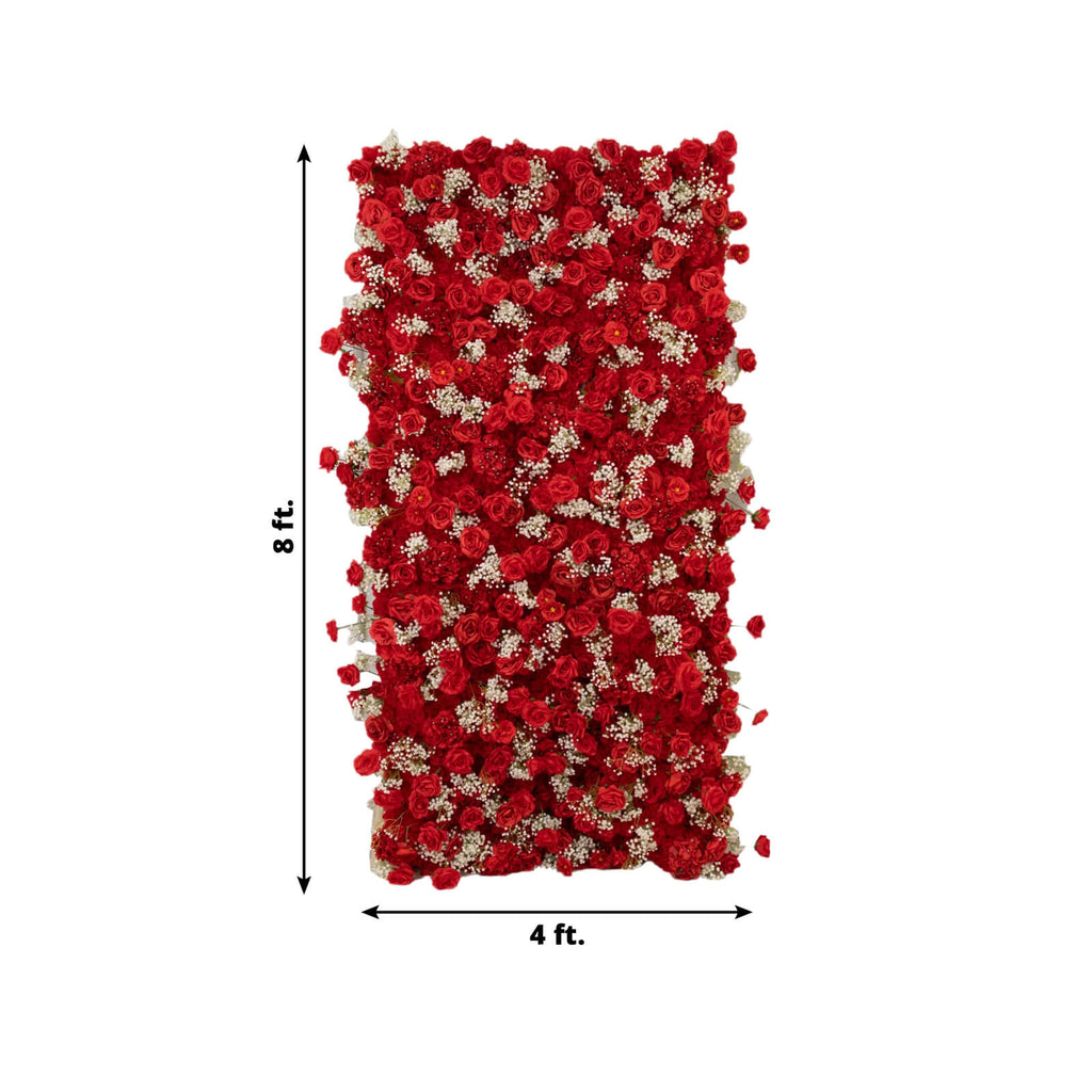 Roll Up Flower Wall Backdrop with Fabric Backing – 8ftx4ft Red Artificial Silk Roses & Baby's Breath