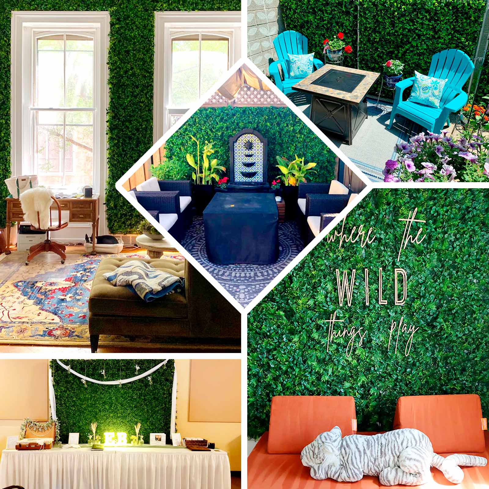 Artificial Boston Fern Eucalyptus Boxwood Greenery Garden Wall. Grass Backdrop Mat. Indoor/Outdoor UV Protected Assorted Foliage 4 Panels 12 Sq. ft.