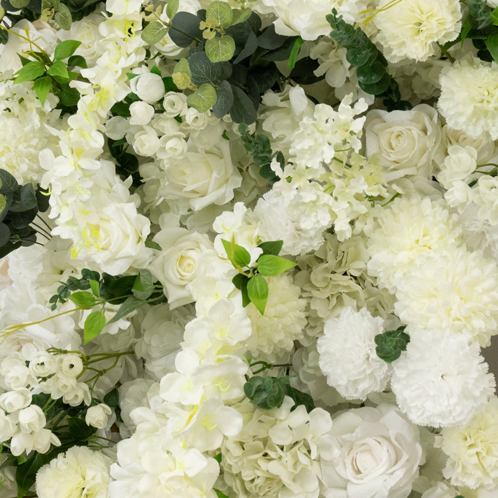 Roll Up Flower Backdrop for Arch Stand - White with Fabric Backing. 8ftx8ft - Artificial Silk Roses. Hydrangeas & Chrysanthemums for Wedding Backdrop