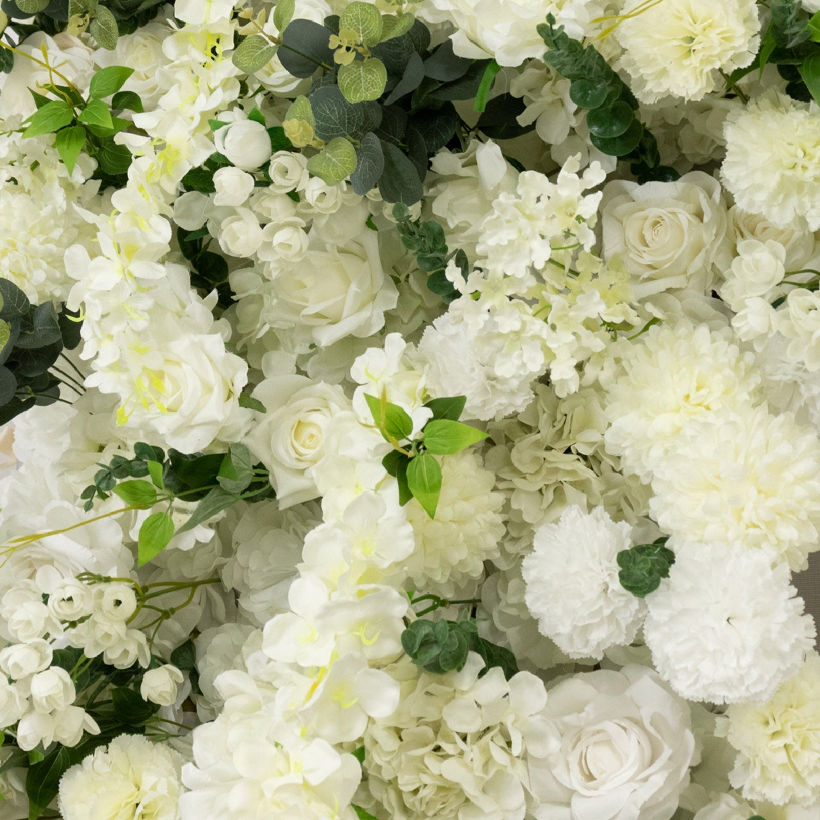 Roll Up Flower Backdrop for Arch Stand - White with Fabric Backing. 8ftx8ft - Artificial Silk Roses. Hydrangeas & Chrysanthemums for Wedding Backdrop