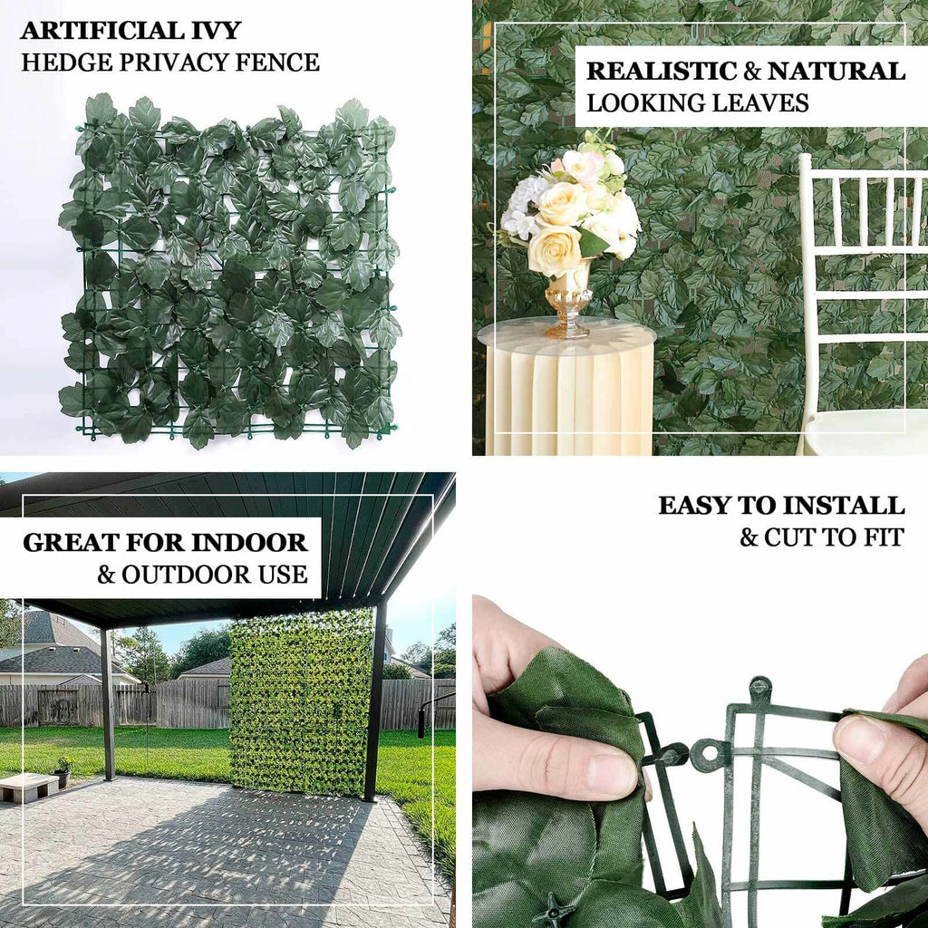 12 Pack Dark Green Artificial Ivy Privacy Screen Fence Wall Panel. Faux Leaf Hedge Greenery Garden Decor - 32 Sq. ft.