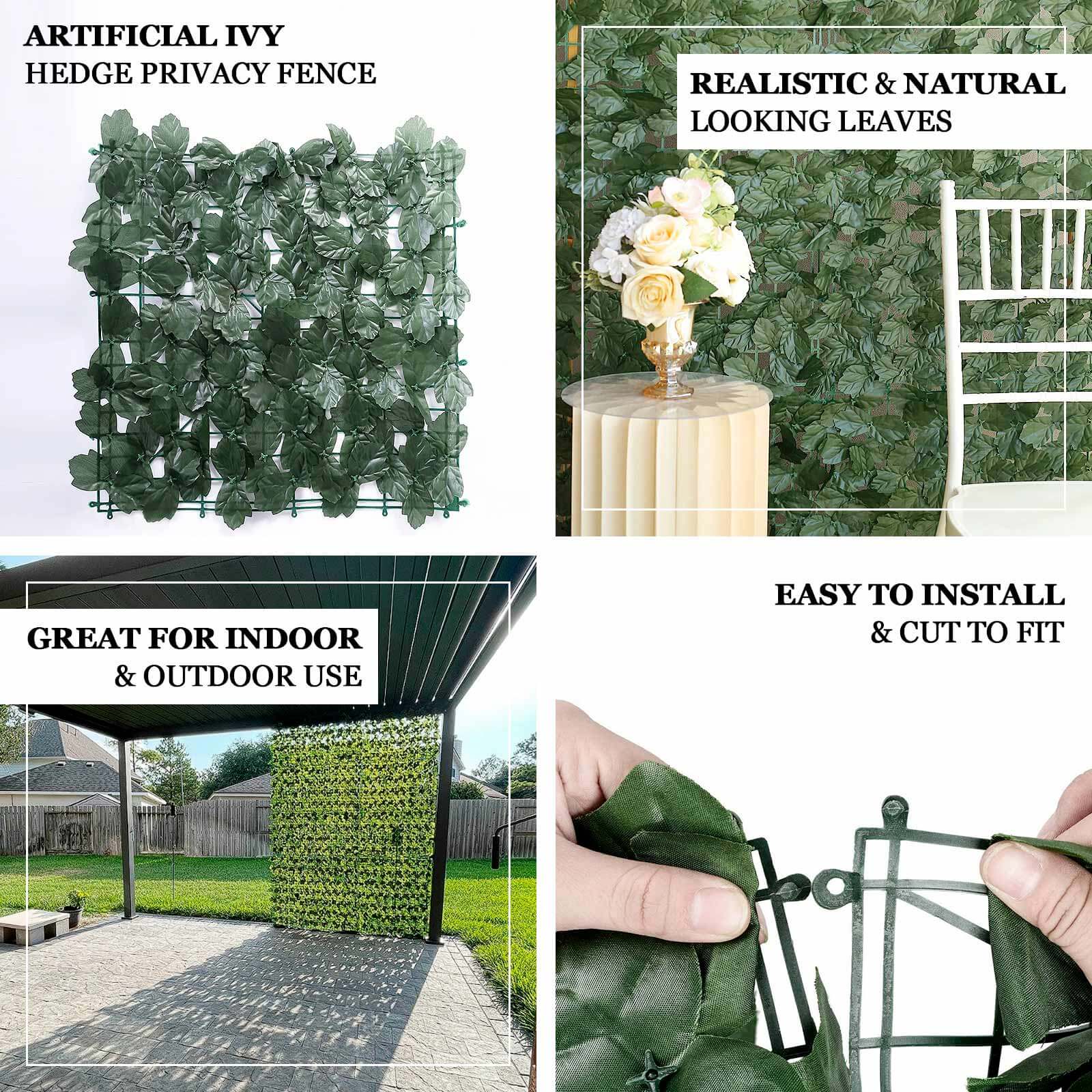 12 Pack Dark Green Artificial Ivy Privacy Screen Fence Wall Panel. Faux Leaf Hedge Greenery Garden Decor - 32 Sq. ft.