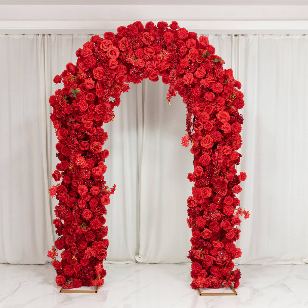 Flower Arch Backdrop Red 4ft x 8ft Artificial Silk Roses. Hydrangeas & Chrysanthemums Floral Arrangement for Round Top Double Arch Stand