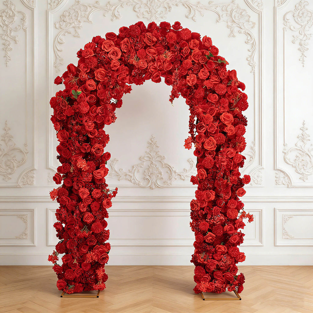 Flower Arch Backdrop Red 4ft x 8ft Artificial Silk Roses. Hydrangeas & Chrysanthemums Floral Arrangement for Round Top Double Arch Stand